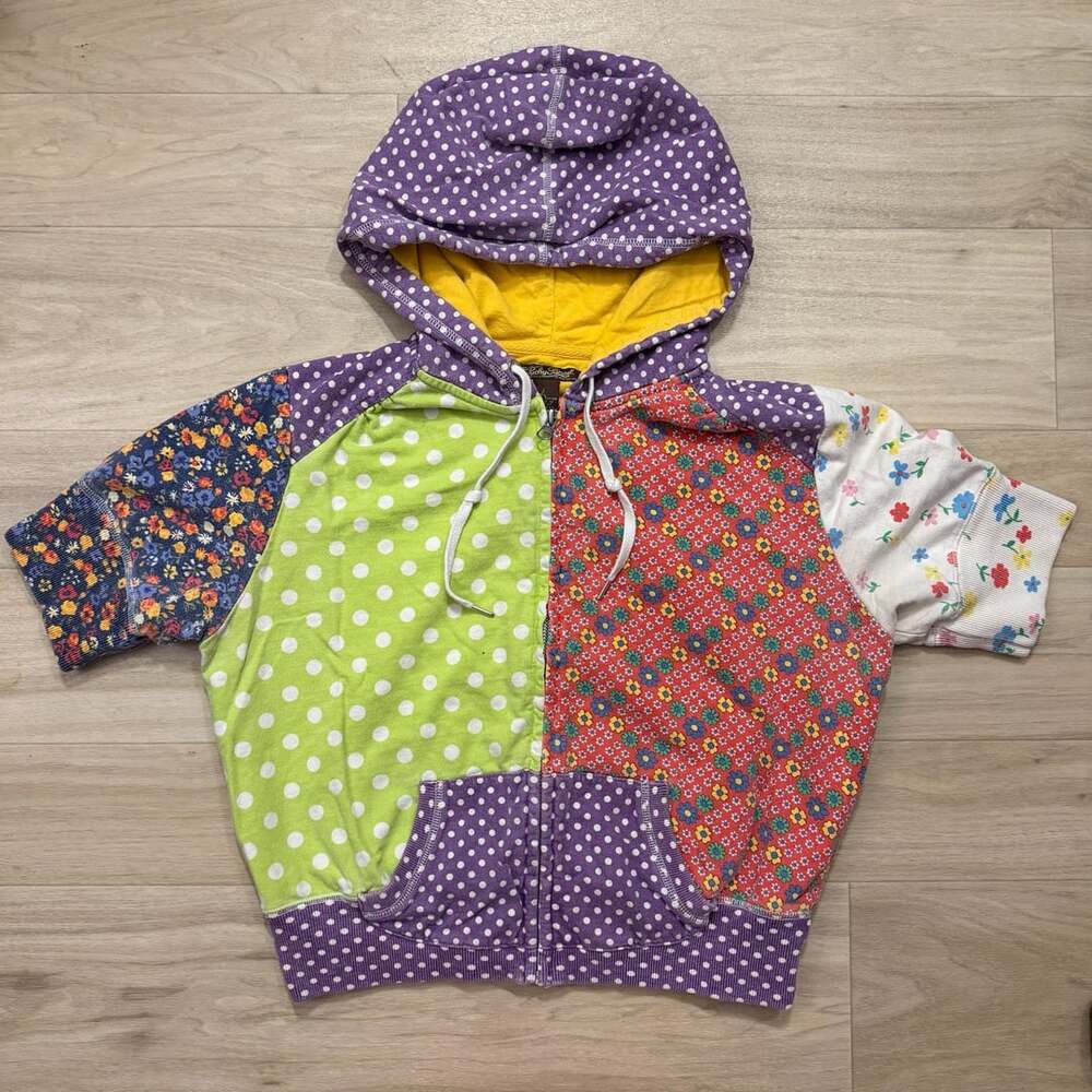lucky brand y2k patchwork floral polka dot zip hoodie size large